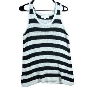 Ann Taylor Women Sweater Tank Cream Black Stripe Knitted Scoop Nylon Blend Large